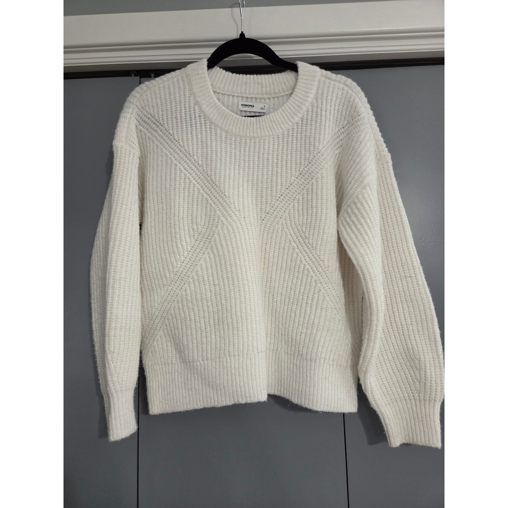Excellent Sonoma Goods For Life Sweater Small White Ribbed Knit Crewneck Chevron